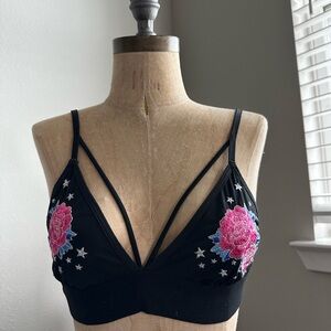 PINK Victoria's Secret Black Bralette with Pink Floral Embroidery